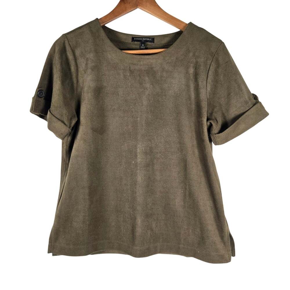 Banana Republic Minimalist Vegan Luxe Faux Suede Olive Short Sleeve Top Size M